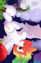 Size: 1800x2767 | Tagged: safe, artist:2pandita, derpibooru import, oc, bat pony, pony, apple, behaving like a bat, female, food, mare, moon, prehensile tail, solo, tail hold