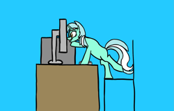 Size: 1601x1026 | Tagged: safe, artist:librarylonging, derpibooru import, lyra heartstrings, unicorn, chair, computer, desk, missing cutie mark, solo