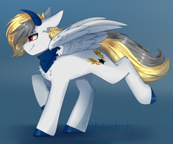Size: 2837x2373 | Tagged: safe, artist:mediasmile666, derpibooru import, oc, oc only, pegasus, pony, chest fluff, clothes, colored hooves, ears, floppy ears, freckles, horn, male, scarf, solo, stallion