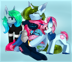 Size: 1024x881 | Tagged: safe, artist:mediasmile666, derpibooru import, oc, oc only, earth pony, pegasus, pony, unicorn, abstract background, chest fluff, female, male, mare, stallion