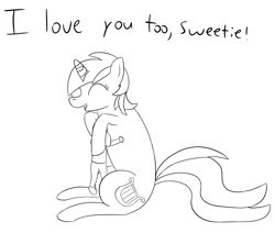 Size: 3821x3236 | Tagged: safe, artist:librarylonging, derpibooru import, lyra heartstrings, oc, oc:anon, human, pony, unicorn, dialogue, eyes closed, hug, lineart, monochrome, open mouth, open smile, size difference, smiling