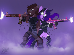 Size: 2384x1774 | Tagged: safe, artist:draw3, derpibooru import, oc, pegasus, pony, undead, unicorn, vampire, vampony, armor, assault rifle, back to back, commission, fangs, fog, glasses, gun, high res, rifle, rust, sharp teeth, simple background, smoke, tactical vest, teeth, upright, vampire bat pony, weapon