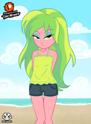 Size: 1920x2600 | Tagged: safe, artist:theminus, derpibooru import, lemon zest, equestria girls, arm behind back, beach, clothes, cloud, looking at you, ocean, sand, sky, water, younger