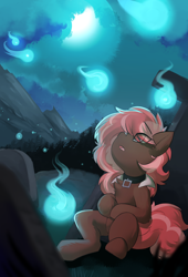 Size: 2582x3808 | Tagged: safe, artist:beardie, derpibooru import, oc, oc only, oc:scarlet trace (coffee bean), earth pony, pony, collar, earth pony oc, eye clipping through hair, eyebrows, eyebrows visible through hair, female, graveyard, high res, looking up, mare, mountain, open mouth, solo, wisp
