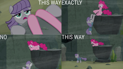 Size: 1280x720 | Tagged: safe, derpibooru import, edit, edited screencap, editor:quoterific, screencap, maud pie, pinkie pie, earth pony, pony, rock solid friendship, season 7, female, mare, open mouth, pie sisters, siblings, sisters