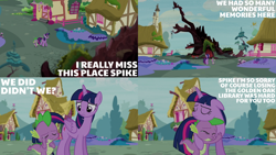 Size: 1280x720 | Tagged: safe, derpibooru import, edit, edited screencap, editor:quoterific, screencap, spike, twilight sparkle, twilight sparkle (alicorn), alicorn, dragon, pony, castle sweet castle, season 5, crying, destroyed, eyes closed, female, golden oaks library, hug, male, mare, sad