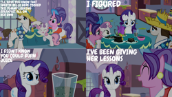 Size: 1280x720 | Tagged: safe, derpibooru import, edit, edited screencap, editor:quoterific, screencap, cookie crumbles, hondo flanks, rarity, sweetie belle, pony, unicorn, season 2, sisterhooves social, ^^, carousel boutique, eyes closed, female, filly, male, mare, open mouth, smiling, stallion