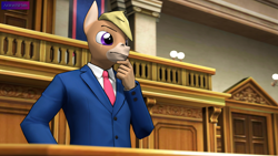 Size: 3840x2160 | Tagged: safe, alternate version, artist:antonsfms, derpibooru import, oc, oc only, oc:nickyequeen, anthro, donkey, 3d, ace attorney, alternate universe, anthro oc, badge, banner, clothes, commission, commissioner:nickyequeen, court, courtroom, crossover, desk, donkey oc, formal attire, formal wear, hand on chin, hand on hip, high res, image set, male, phoenix wright, pondering, solo, source filmmaker, suit