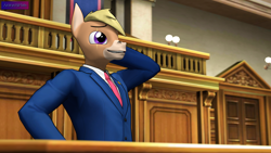 Size: 3840x2160 | Tagged: safe, alternate version, artist:antonsfms, derpibooru import, oc, oc only, oc:nickyequeen, anthro, donkey, 3d, ace attorney, alternate universe, anthro oc, badge, banner, clothes, commission, commissioner:nickyequeen, court, courtroom, crossover, desk, donkey oc, formal attire, formal wear, hand on hip, high res, image set, laughing, looking up, male, phoenix wright, solo, source filmmaker, suit