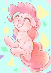 Size: 714x1024 | Tagged: safe, artist:kurogewapony, derpibooru import, pinkie pie, earth pony, pony, blushing, cute, diapinkes, eyes closed, happy, jumping, open mouth, simple background