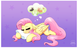 Size: 3490x2150 | Tagged: safe, artist:confetticakez, derpibooru import, fluttershy, pegasus, pony, rabbit, animal, blushing, cute, dream, ear fluff, ears, eyes closed, female, gradient background, lavender background, lying down, mare, newbie artist training grounds, pillow, prone, shyabetes, simple background, sleeping, smiling, solo, starry background, stars, sweet dreams fuel, wing fluff