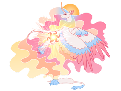 Size: 1280x960 | Tagged: safe, artist:s0ftserve, derpibooru import, princess celestia, alicorn, pony, alternate design, alternate hairstyle, cloven hooves, curved horn, ethereal mane, ethereal tail, ethereal wings, female, headcanon in the description, leonine tail, mare, simple background, solo, story included, transparent background, unshorn fetlocks, wings
