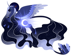 Size: 1280x989 | Tagged: safe, artist:s0ftserve, derpibooru import, princess luna, alicorn, pony, alternate design, alternate hairstyle, cloven hooves, ethereal mane, ethereal tail, ethereal wings, female, headcanon in the description, leonine tail, mare, simple background, solo, story in the source, transparent background, wings