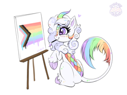 Size: 5319x4000 | Tagged: safe, artist:confetticakez, derpibooru import, oc, oc only, oc:cloudy canvas, kirin, easel, kirin oc, mouth hold, paintbrush, pride, pride flag, rainbow colors, simple background, solo, underhoof, white background