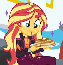 Size: 501x519 | Tagged: safe, derpibooru import, screencap, sunset shimmer, better together, equestria girls, wake up!, cropped, cute, food, pancakes, shimmerbetes, solo