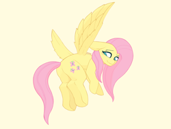 Size: 2224x1668 | Tagged: safe, artist:enzodoesart, derpibooru import, fluttershy, pegasus, pony, flying, low angle, simple background, solo, yellow fur