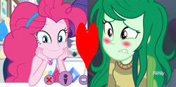 Size: 1206x600 | Tagged: safe, derpibooru import, edit, edited screencap, screencap, pinkie pie, wallflower blush, better together, do it for the ponygram!, equestria girls, forgotten friendship, female, heart, lesbian, pinkieflower, shipping, shipping domino