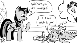 Size: 1200x675 | Tagged: safe, artist:pony-berserker, derpibooru import, rarity, spike, twilight sparkle, twilight sparkle (alicorn), alicorn, dragon, unicorn, pony-berserker's twitter sketches, binge, drinking, milk, monochrome, sad, stippling, thinking