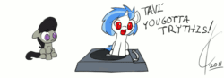 Size: 1280x444 | Tagged: safe, artist:valcron, derpibooru import, dj pon-3, octavia melody, vinyl scratch, earth pony, pony, unicorn, 2011, animated, duo, female, filly, frame by frame, loop, open mouth, record player, simple background, spinning, text, turntable pony, white background, younger