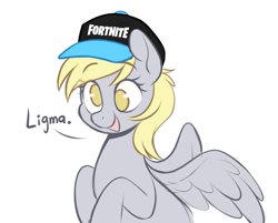 Size: 747x602 | Tagged: safe, artist:higglytownhero, derpibooru import, derpy hooves, pegasus, pony, baseball cap, cap, cute, derpabetes, female, fortnite, hat, ligma, mare, open mouth, simple background, solo, white background