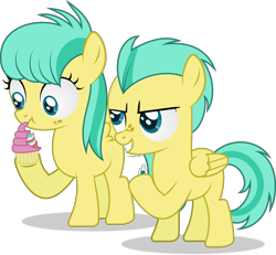 Size: 3972x3677 | Tagged: safe, artist:thatusualguy06, derpibooru import, barley barrel, pickle barrel, pegasus, pony, rainbow roadtrip, atg 2021, barrel twins, brother and sister, colt, cupcake, evil grin, female, filly, foal, food, grin, gritted teeth, high res, male, newbie artist training grounds, prank, scrunchy face, siblings, smiling, solo, toothpaste, twins, vector