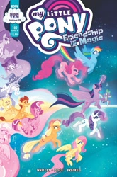 Size: 1318x2000 | Tagged: safe, artist:justasuta, derpibooru import, idw, applejack, crystal (character), fluttershy, marini, molly (cat), moonbeam twinkletail, pinkie pie, rainbow dash, rarity, silverstream, smolder, spike, star swirl the bearded, twilight sparkle, twilight sparkle (alicorn), abyssinian, alicorn, diamond dog, dragon, earth pony, hippogriff, kelpie, pegasus, unicorn, zebra, cover, flying, mane seven, mane six, pony history, season 10, winged spike