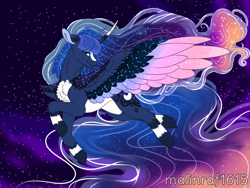 Size: 1200x900 | Tagged: safe, artist:malinraf1615, derpibooru import, princess luna, alicorn, pony, alternate design, chest fluff, colored wings, curved horn, female, mare, multicolored wings, night, solo, wings