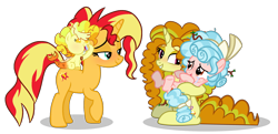 Size: 6857x3320 | Tagged: safe, artist:maiii-san, derpibooru import, adagio dazzle, cozy glow, sunset shimmer, oc, oc:twinkle topaz, pegasus, pony, siren, unicorn, equestria girls, a better ending for cozy, baby, crying, equestria girls ponified, family, female, filly, grin, holding a pony, horn, hug, lesbian, magical lesbian spawn, mare, offspring, parent:adagio dazzle, parent:sunset shimmer, parents:sunsagio, ponified, shipping, simple background, siren oc, smiling, sunsagio, transparent background, wings