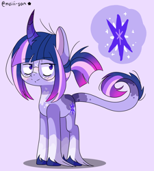 Size: 1690x1876 | Tagged: safe, artist:maiii-san, derpibooru import, twilight sparkle, unicorn twilight, pony, unicorn, alternate design, female, glasses, horn, leonine tail, mare, purple background, simple background, smiling, solo, unshorn fetlocks