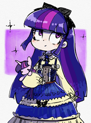 Size: 1004x1360 | Tagged: safe, artist:nendo, derpibooru import, twilight sparkle, human, pony, unicorn, bow, clothes, cute, dress, hair bow, humanized, lolita fashion, plushie, solo, toy, twiabetes