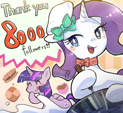 Size: 2048x1870 | Tagged: safe, artist:nendo, derpibooru import, rarity, twilight sparkle, twilight sparkle (alicorn), alicorn, pony, unicorn, blushing, chef's hat, choker, cookie, eyes closed, food, hat, milk, open mouth, ribbon, tongue, tongue out