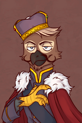 Size: 500x750 | Tagged: safe, artist:bunnyshrubby, derpibooru import, oc, oc:moriset discret, griffon, equestria at war mod, cape, clothes, crown, facial hair, griffon oc, jewelry, moustache, regalia