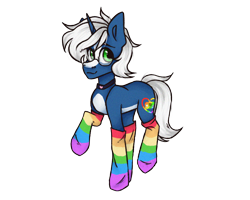 Size: 2500x2000 | Tagged: safe, artist:canada_cho_nado, derpibooru import, oc, oc only, oc:passi deeper, pony, unicorn, choker, clothes, coat markings, eyebrows, femboy, glasses, green eyes, horn, looking at you, male, rainbow socks, raised leg, simple background, smiling, smiling at you, socks, solo, stallion, stockings, striped socks, thigh highs, transparent background, unicorn oc