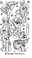 Size: 1016x1834 | Tagged: safe, derpibooru import, part of a set, applejack, fluttershy, pinkie pie, rainbow dash, rarity, twilight sparkle, twilight sparkle (alicorn), alicorn, earth pony, pegasus, pony, unicorn, boots, christmas, clothes, coloring book, flying, hat, hearth's warming eve coloring book, holiday, indexed png, mane six, monochrome, official, rearing, santa hat, scan, scarf, shoes, simple background, snow, stock vector, white background, winter hat