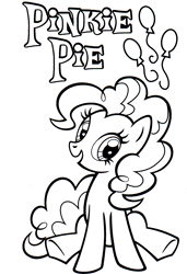 Size: 1166x1702 | Tagged: safe, derpibooru import, part of a set, pinkie pie, earth pony, pony, balloon, coloring book, cute, cutie mark, hearth's warming eve coloring book, indexed png, monochrome, official, scan, simple background, sitting, solo, stock vector, white background