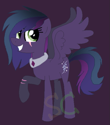 Size: 463x525 | Tagged: safe, artist:somecoconut, derpibooru import, oc, oc only, pegasus, pony, base used, choker, eye scar, eyelashes, female, grin, mare, pegasus oc, purple background, raised hoof, raised leg, scar, simple background, smiling, wings