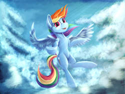 Size: 3200x2400 | Tagged: safe, artist:sigilponies, rainbow dash, pegasus, pony, blue coat, blue wings, cloud, cloudy, female, flying, looking at you, mare, multicolored mane, multicolored tail, open mouth, outstretched hoof, signature, sky, sky background, solo, spread wings, underhoof, windswept mane, wings