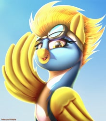 Size: 1269x1445 | Tagged: safe, artist:2fat2fly, spitfire, pegasus, pony, clothes, female, goggles, looking at you, looking down, looking down at you, mare, open mouth, salute, solo, uniform, wing salute, wings, wonderbolts uniform