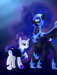 Size: 1518x2021 | Tagged: safe, artist:moonlightrift, derpibooru import, nightmare moon, rarity, alicorn, unicorn, alternate hairstyle, alternate timeline, alternate universe, night maid rarity, nightmare takeover timeline