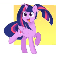 Size: 1200x1158 | Tagged: safe, artist:ch-chau, derpibooru import, twilight sparkle, twilight sparkle (alicorn), alicorn, pony, alternate hairstyle, cute, female, happy, mare, open mouth, pigtails, ponytail, raised hoof, raised leg, simple background, smiling, solo, twiabetes, twintails