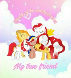 Size: 720x797 | Tagged: safe, artist:mlp_princess_indonisty, derpibooru import, oc, oc:indonisty, oc:kwankao, oc:pearl shine, oc:rosa blossomheart, oc:sinar bulan indonesia, oc:temmy, alicorn, earth pony, pegasus, pony, best friends, cloud, eyes closed, female, flower, flower in hair, group hug, group photo, heart, hug, indonesia, jewelry, malaysia, mare, moon, nation ponies, philippines, ponified, regalia, singapore, smiling, stars, thailand, writing