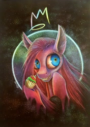 Size: 2670x3768 | Tagged: safe, artist:cahandariella, derpibooru import, pinkie pie, earth pony, pony, fanfic:cupcakes, colored pencil drawing, cupcake, food, galaxy, pinkamena diane pie, solo, traditional art