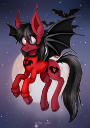 Size: 2387x3379 | Tagged: safe, artist:das_leben, derpibooru import, bat, bat pony, pony, bat wings, clandestine industries, clothes, commission, ear fluff, ears, fall out boy, fangs, flying, hoodie, male, moon, night, night sky, pete wentz, ponified, shirt, sky, solo, spread wings, stallion, stars, undershirt, wings, ych result