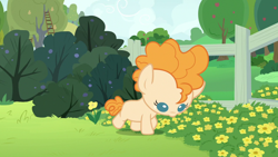 Size: 1280x720 | Tagged: safe, derpibooru import, screencap, pear butter, earth pony, pony, season 7, the perfect pear, baby, baby pony, female, filly, flower, solo, tree
