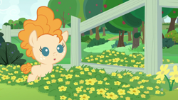 Size: 1280x720 | Tagged: safe, derpibooru import, screencap, pear butter, earth pony, pony, season 7, the perfect pear, :o, baby, baby pony, cute, female, fence, filly, flower, open mouth, pearabetes, solo