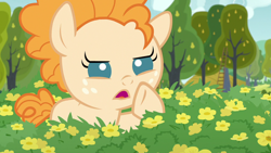 Size: 1280x720 | Tagged: safe, derpibooru import, screencap, pear butter, earth pony, pony, season 7, the perfect pear, baby, baby pony, female, filly, flower, food, open mouth, pear, solo, tree
