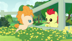 Size: 1280x720 | Tagged: safe, derpibooru import, screencap, bright mac, pear butter, earth pony, pony, season 7, the perfect pear, baby, baby pony, brightabetes, colt, cute, female, fence, filly, flower, male, open mouth, pearabetes, smiling