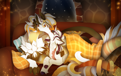 Size: 3074x1928 | Tagged: safe, artist:taiga-blackfield, derpibooru import, oc, oc:season's greetings, oc:yiazmat, draconequus, unicorn, blanket, couple, draconequus oc, female, horn, husband and wife, kissing, love, male, married couple, shipping, sofa, unicorn oc