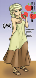 Size: 984x2099 | Tagged: safe, artist:oldskullkid, derpibooru import, applejack, equestria girls, beautiful, body freckles, clothes, dress, ear piercing, earring, elegant, freckles, hatless, jewelry, missing accessory, necklace, piercing, solo, wrong eye color