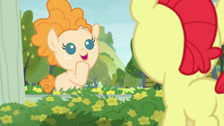 Size: 1280x720 | Tagged: safe, derpibooru import, screencap, bright mac, pear butter, earth pony, pony, season 7, the perfect pear, baby, baby pony, colt, cute, female, fence, filly, flower, male, open mouth, pearabetes, smiling, tree